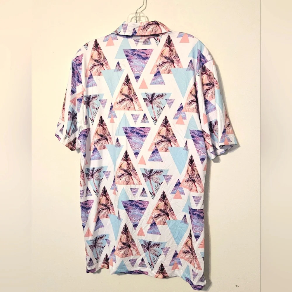 Bad Birdie Mens L PurpleGeometric Hawaiian Print ShortSleeve Golf Polo Shirt - Picture 9 of 11